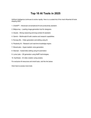 Top 10 Artificial Intelligence Tools in 2026 | PDF