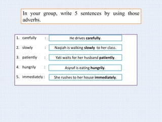 In your group, write 5 sentences by using those
adverbs.
1. carefully :
2. slowly :
3. patiently :
4. hungrily :
5. immediately :
He drives carefully.
Naqiah is walking slowly to her class.
Yati waits for her husband patiently.
Asyraf is eating hungrily.
She rushes to her house immediately.
 