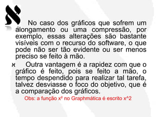 ‫א‬     No caso dos gráficos que sofrem um
 alongamento ou uma compressão, por
 exemplo, essas alterações são bastante
 visíveis com o recurso do software, o que
 pode não ser tão evidente ou ser menos
 preciso se feito à mão.
‫ א‬Outra vantagem é a rapidez com que o
 gráfico é feito, pois se feito a mão, o
 tempo despendido para realizar tal tarefa,
 talvez desviasse o foco do objetivo, que é
 a comparação dos gráficos.
    Obs: a função x² no Graphmática é escrito x^2
 