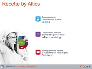 71
Recette by Altics
Tester attentes et
comportements digitaux
Testing
Concevoir des parcours
d’achat «zéro grain de sable»
e-Merchandising
Accompagner vos équipes
et sélectionner les outils adaptés
Solutions
www.altics.fr 04 72 76 94 00 win@altics.fr
 