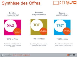 71
Synthèse des Offres
DIAG by Altics
Repérez les points bloquants via
un DIAG web, mobile, multicanal
by Altics
Révélez
votre potentiel
Accélérez
à la performance
C’est TOP by Altics. Rémunération
incluant une partie variable.
TOP by Altics TEST by Altics
Plus de 21 produits de tests conso
(quali – quanti – Eye Tracking…) !
Écoutez
vos utilisateurs
www.altics.fr 04 72 76 94 00 win@altics.fr
 