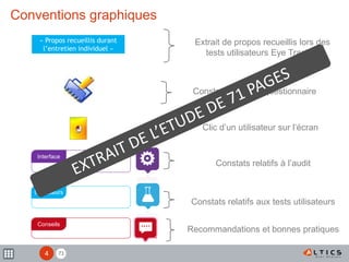 71
Conventions graphiques
4
Extrait de propos recueillis lors des
tests utilisateurs Eye Trackés
Constats relatifs aux tests utilisateurs
« Propos recueillis durant
l’entretien individuel »
Conseils
Utilisateurs
Recommandations et bonnes pratiques
Clic d’un utilisateur sur l’écran
Constats relatifs à l’audit
Interface
Constats issus du questionnaire
 