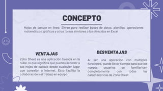 CONCEPTO
Al ser una aplicación con múltiples
funciones, puede llevar tiempo para que los
nuevos usuarios se familiaricen
completamente con todas las
características de Zoho Sheet.
Hojas de cálculo en línea: Sirven para realizar bases de datos, planillas, operaciones
matemáticas, gráficos y otras tareas similares a las ofrecidas en Excel
DESVENTAJAS
VENTAJAS
Zoho Sheet es una aplicación basada en la
nube, lo que significa que puedes acceder a
tus hojas de cálculo desde cualquier lugar
con conexión a Internet. Esto facilita la
colaboración y el trabajo en equipo.
 