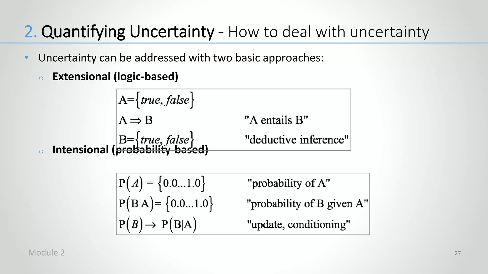 • Uncertainty can be addressed with two basic approaches:
o Extensional (logic-based)
o Intensional (probability-based)
27
2. Quantifying Uncertainty - How to deal with uncertainty
Module 2
 