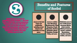 Access to the best
books and
audiobooks,
including award
winners and
bestsellers in every
genre.
7
Access to articles
from Bloomberg
Businessweek, Time
Magazine, People
Magazine, Fortune
Magazine, Money
Magazine, Foreign
Policy, and more.
Unlimited access to
the world’s largest
document library,
which includes
official government
reports, academic
dissertations,
detailed scientific
studies, and more.
Scribd gives you access to
everything worth reading — the best
books, audiobooks, news, magazines,
documents, and more. We make it
easy for you to stay informed,
discover new passions, and feed your
curiosity. No matter what you’re
looking for, Scribd is the only
reading app you need.
Benefits and Features
of Scribd
 