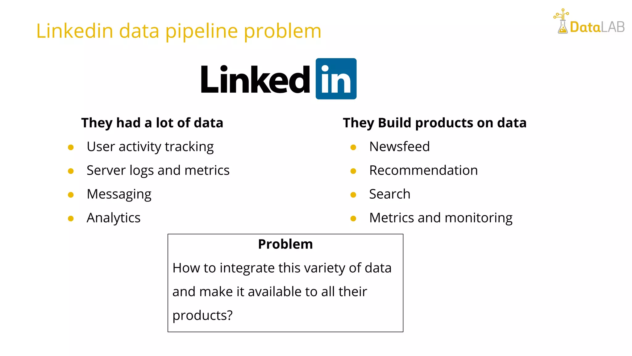 Linkedin data pipeline problem They had a lot of data ● User activity tracking ● Server logs and metrics ● Messaging ● Analytics They Build products on data ● Newsfeed ● Recommendation ● Search ● Metrics and monitoring Problem How to integrate this variety of data and make it available to all their products? 