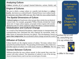 Page 91
Each chapter
opener
includes a
quote that
sets the
stage for
information
that follows,
as well as an
essential
question.
Main
Topics in
Chapter 6,
pages 91-
101
 