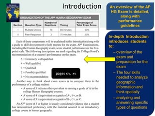 Introduction An overview of the AP
HG Exam is detailed,
along with
performance
guidelines
pages xiv, xv
 