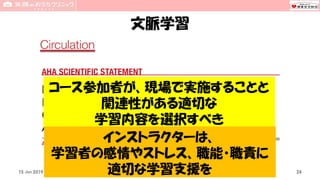 文脈学習
15 Jun 2019 CPR Education for Patient Safety 24
コース参加者が、現場で実施することと
関連性がある適切な
学習内容を選択すべき
インストラクターは、
学習者の感情やストレス、職能・職責に
適切な学習支援を
 