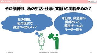 その訓練は、私の生活・仕事（文脈）と関係あるの？
15 Jun 2019 CPR Education for Patient Safety 25
今日は、救急部の
医師として、
蘇生チームの
リーダー役を
その訓練、
私の現実で
役立つのかしら？
 