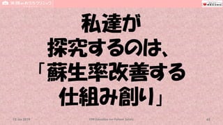 私達が
探究するのは、
「蘇生率改善する
仕組み創り」
CPR Education for Patient Safety 6315 Jun 2019
 