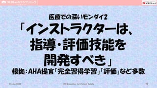 医療での深いモンダイ2
「インストラクターは、
指導・評価技能を
開発すべき」
根拠：AHA提言「完全習得学習」「評価」など多数
CPR Education for Patient Safety 7215 Jun 2019
 