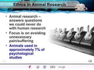 SettingsSci Method
TrendsProfessionals
Critical ThinkingEthicsExperimentsCorrelationsCase studies
ModernEarlyFunctionalStructuralDefinitions
Ethics in Animal Research
• Animal research –
answers questions
we could never do
with human research
• Focus is on avoiding
unnecessary
pain/suffering
• Animals used in
approximately 7% of
psychological
studies
 