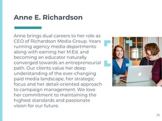 Anne E. Richardson
Anne brings dual careers to her role as
CEO of Richardson Media Group. Years
running agency media departments
along with earning her M.Ed. and
becoming an educator naturally
converged towards an entrepreneurial
path. Our clients value her deep
understanding of the ever-changing
paid media landscape, her strategic
focus and her detail-oriented approach
to campaign management. We love
her commitment to maintaining the
highest standards and passionate
vision for our future.
25
 