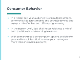 Consumer Behavior
● In a typical day, your audience views multiple screens,
communicates across mobile and desktop devices, and
enjoys a mix of online and offline programming.
● In the Boston DMA, 45% of all households use a mix of
both traditional and streaming television.
● With so many media consumption options available to
your audience, it is critical to serve your message on
more than one media platform.
4
 