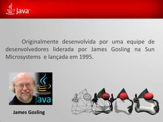 Originalmente desenvolvida por uma equipe de
desenvolvedores liderada por James Gosling na Sun
Microsystems e lançada em 1995.




  James Gosling
 