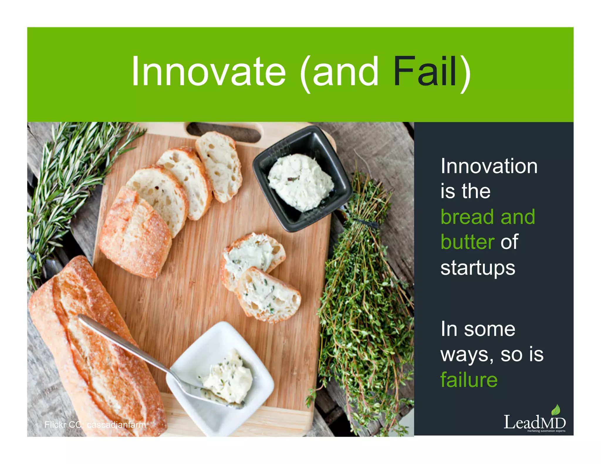 Innovate (and Fail) 
Innovation is
the bread
and butter
of startups
In some
ways, so is
failure
Flickr CC: cascadianfarm
 