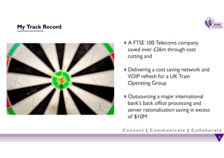 C o n n e c t | C o m m u n i c a t e | C o l l a b o r a t e
My Track Record
A FTSE 100 Telecoms company
saved over £26m through cost
cutting and
Delivering a cost saving network and
VOIP refresh for a UK Train
Operating Group
Outsourcing a major international
bank’s back office processing and
server rationalisation saving in excess
of $10M
5
5
 