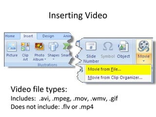 Inserting Video Video file types:  Includes:  .avi, .mpeg, .mov, .wmv, .gif Does not include: .flv or .mp4 