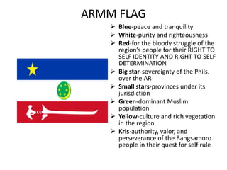 ARMM FLAG
 Blue-peace and tranquility
 White-purity and righteousness
 Red-for the bloody struggle of the
region’s people for their RIGHT TO
SELF IDENTITY AND RIGHT TO SELF
DETERMINATION
 Big star-sovereignty of the Phils.
over the AR
 Small stars-provinces under its
jurisdiction
 Green-dominant Muslim
population
 Yellow-culture and rich vegetation
in the region
 Kris-authority, valor, and
perseverance of the Bangsamoro
people in their quest for self rule
 