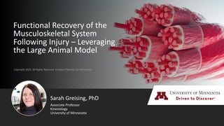 Copyright 2022. All Rights Reserved. Contact Presenter for Permission
Functional Recovery of the
Musculoskeletal System
Following Injury – Leveraging
the Large Animal Model
Sarah Greising, PhD
Kinesiology
University of Minnesota
Associate Professor
 
