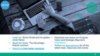 18
• Look up: Simon Sinek and his golden
circle theory
• Read the book: The Advantage -
Patrick Lencioni
• Attend our free...