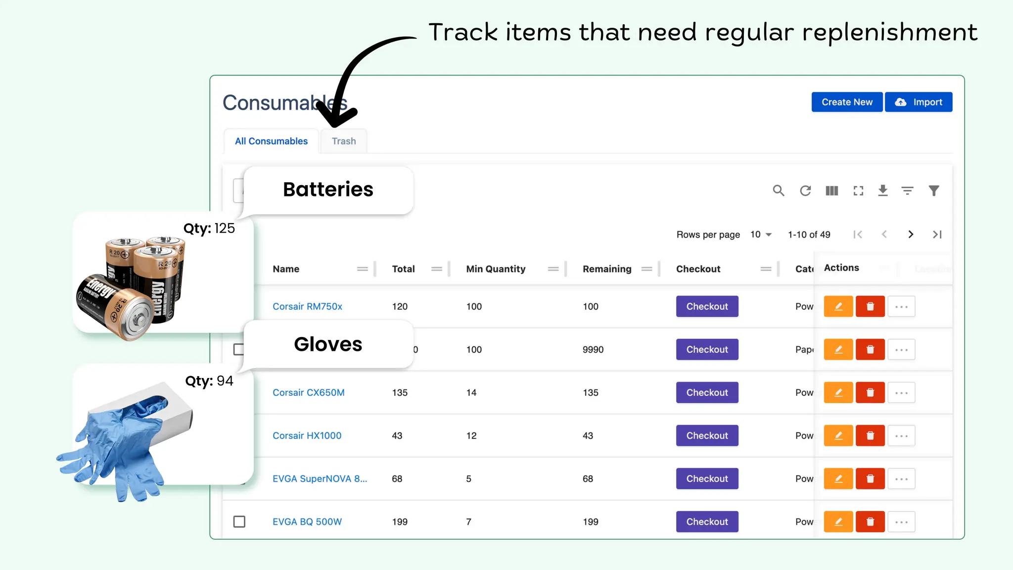 Batteries
Gloves
Qty: 125
Qty: 94
Track items that need regular replenishment
 