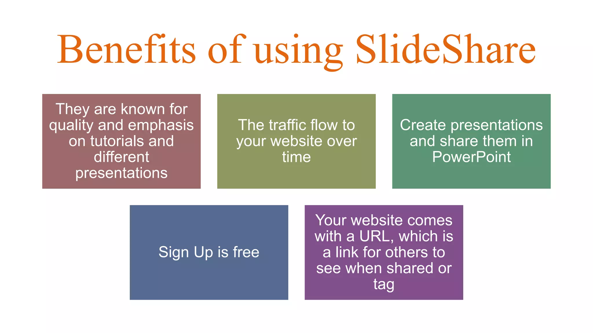 Benefits of using SlideShare
They are known for
quality and emphasis
on tutorials and
different
presentations
The traffic flow to
your website over
time
Create presentations
and share them in
PowerPoint
Sign Up is free
Your website comes
with a URL, which is
a link for others to
see when shared or
tag
 