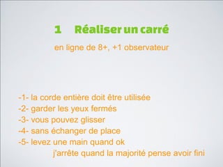 1    Réaliser un carré
          en ligne de 8+, +1 observateur




-1- la corde entière doit être utilisée
-2- garder les yeux fermés
-3- vous pouvez glisser
-4- sans échanger de place
-5- levez une main quand ok
          j'arrête quand la majorité pense avoir fini
 