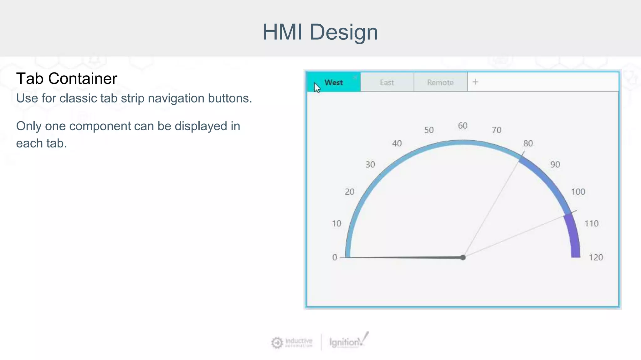 HMI Design
Tab Container
Use for classic tab strip navigation buttons.
Only one component can be displayed in
each tab.
 