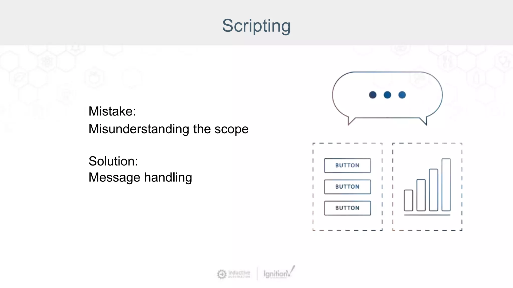 Scripting
Mistake:
Misunderstanding the scope
Solution:
Message handling
 