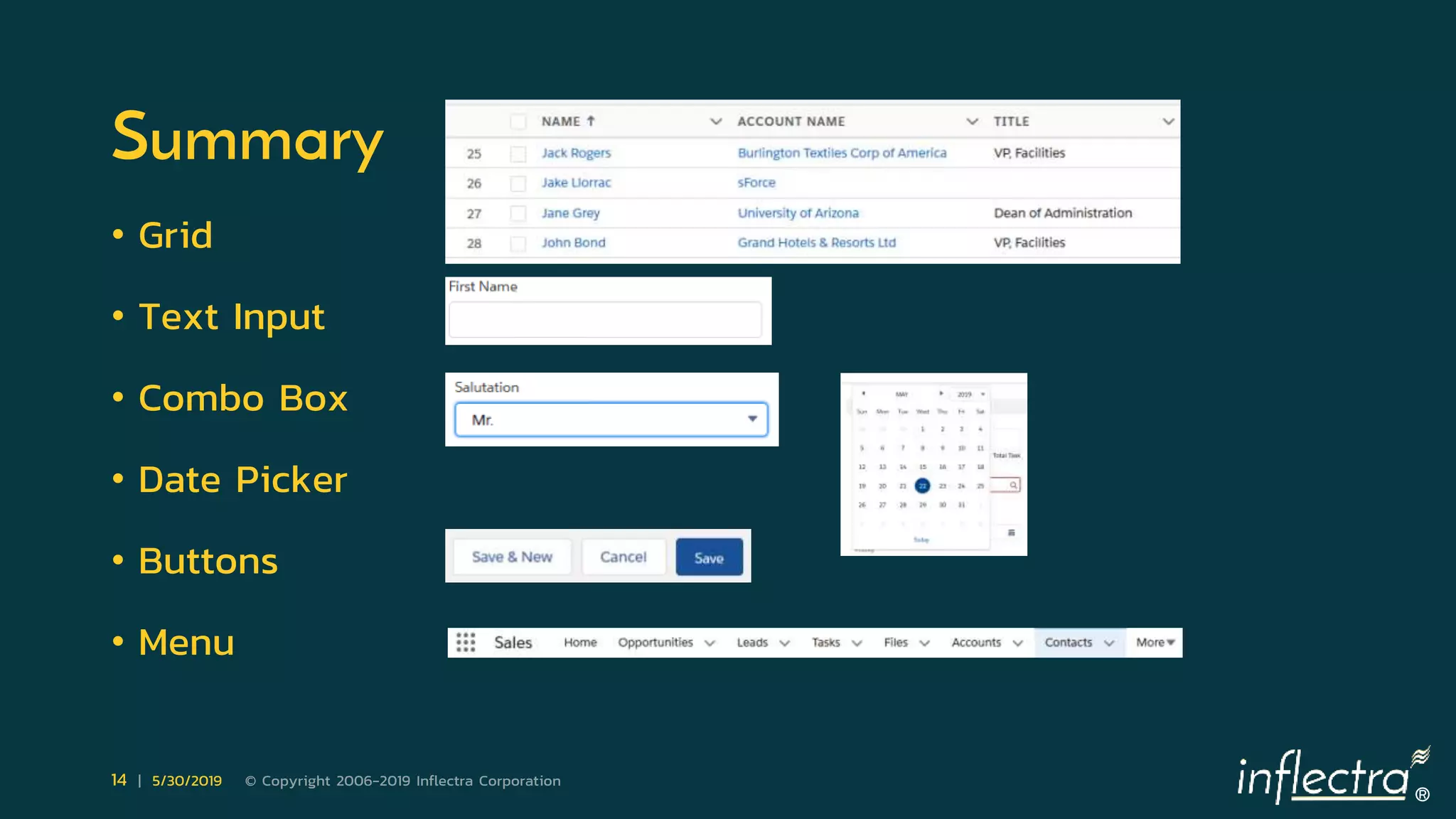 ®
14 | 5/30/2019 © Copyright 2006-2019 Inflectra Corporation
Summary
• Grid
• Text Input
• Combo Box
• Date Picker
• Buttons
• Menu
 