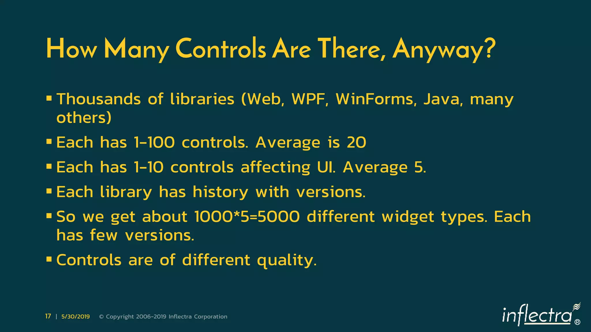®
17 | 5/30/2019 © Copyright 2006-2019 Inflectra Corporation
How Many Controls Are There, Anyway?
 Thousands of libraries (Web, WPF, WinForms, Java, many
others)
 Each has 1-100 controls. Average is 20
 Each has 1-10 controls affecting UI. Average 5.
 Each library has history with versions.
 So we get about 1000*5=5000 different widget types. Each
has few versions.
 Controls are of different quality.
 