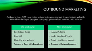 OUTBOUND MARKETING
Outbound does NOT mean interruption, but means content driven, helpful, valuable,
focused on the buyer (not your company), personalized, relevant, and HUMAN
Old Outbound
• Buy lists of leads
• Cold call
• Quantity and Volume
• Success = Reps with Rolodexes
New Outbound
• Account-Based
• Understand and Teach
• Quality and buyer-centric
• Success = Data and process
 