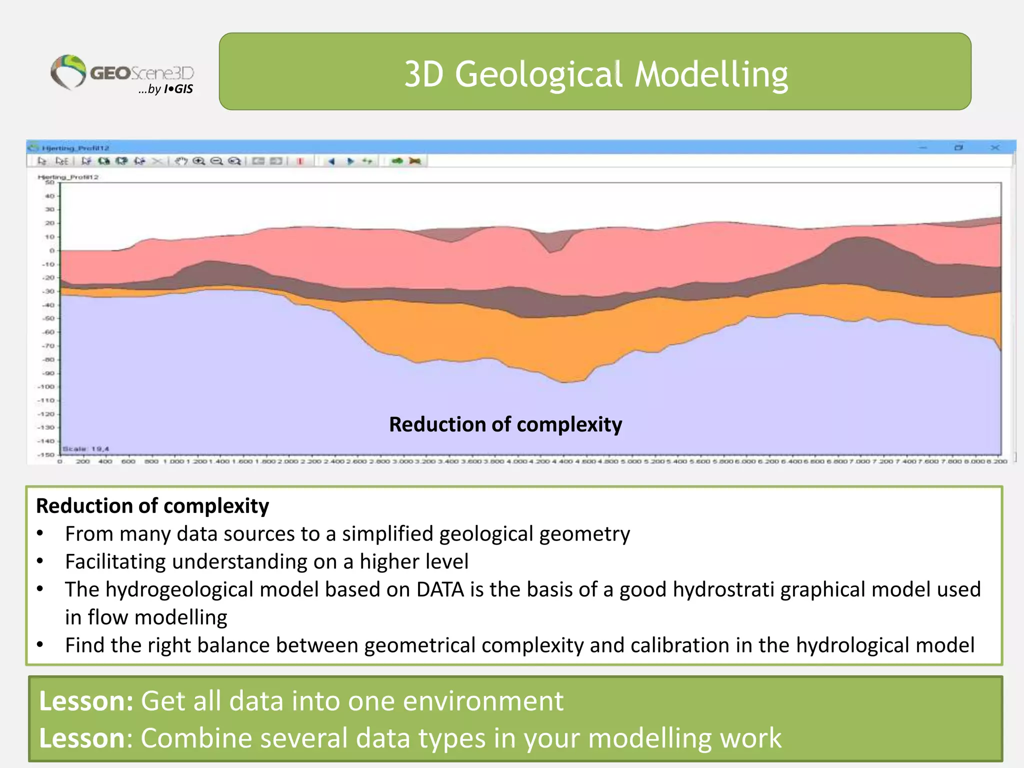 …by I•GIS 3D Geological Modelling
AEM ERT
Borehole
Chem
Reduction of complexity
• From many data sources to a simplified geological geometry
• Facilitating understanding on a higher level
• The hydrogeological model based on DATA is the basis of a good hydrostrati graphical model used
in flow modelling
• Find the right balance between geometrical complexity and calibration in the hydrological model
Reduction of complexity
Lesson: Get all data into one environment
Lesson: Combine several data types in your modelling work
 