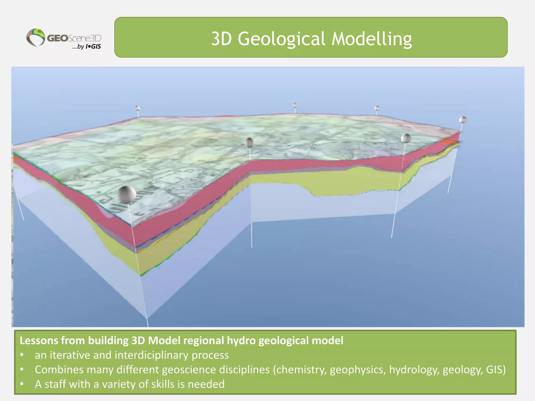 …by I•GIS 3D Geological Modelling
Lessons from building 3D Model regional hydro geological model
• an iterative and interdiciplinary process
• Combines many different geoscience disciplines (chemistry, geophysics, hydrology, geology, GIS)
• A staff with a variety of skills is needed
 