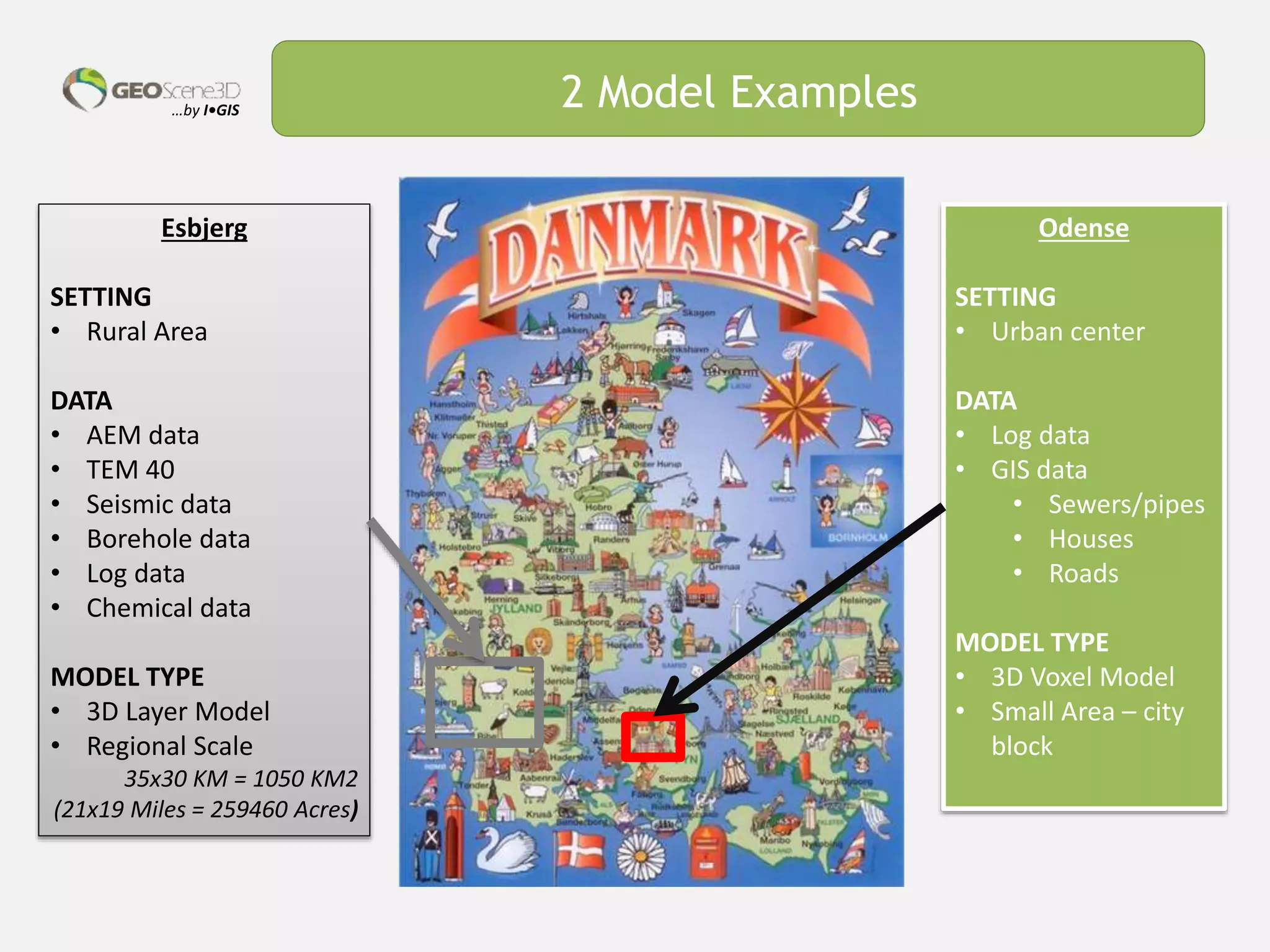 …by I•GIS 2 Model Examples
Odense
SETTING
• Urban center
DATA
• Log data
• GIS data
• Sewers/pipes
• Houses
• Roads
MODEL TYPE
• 3D Voxel Model
• Small Area – city
block
Esbjerg
SETTING
• Rural Area
DATA
• AEM data
• TEM 40
• Seismic data
• Borehole data
• Log data
• Chemical data
MODEL TYPE
• 3D Layer Model
• Regional Scale
35x30 KM = 1050 KM2
(21x19 Miles = 259460 Acres)
 