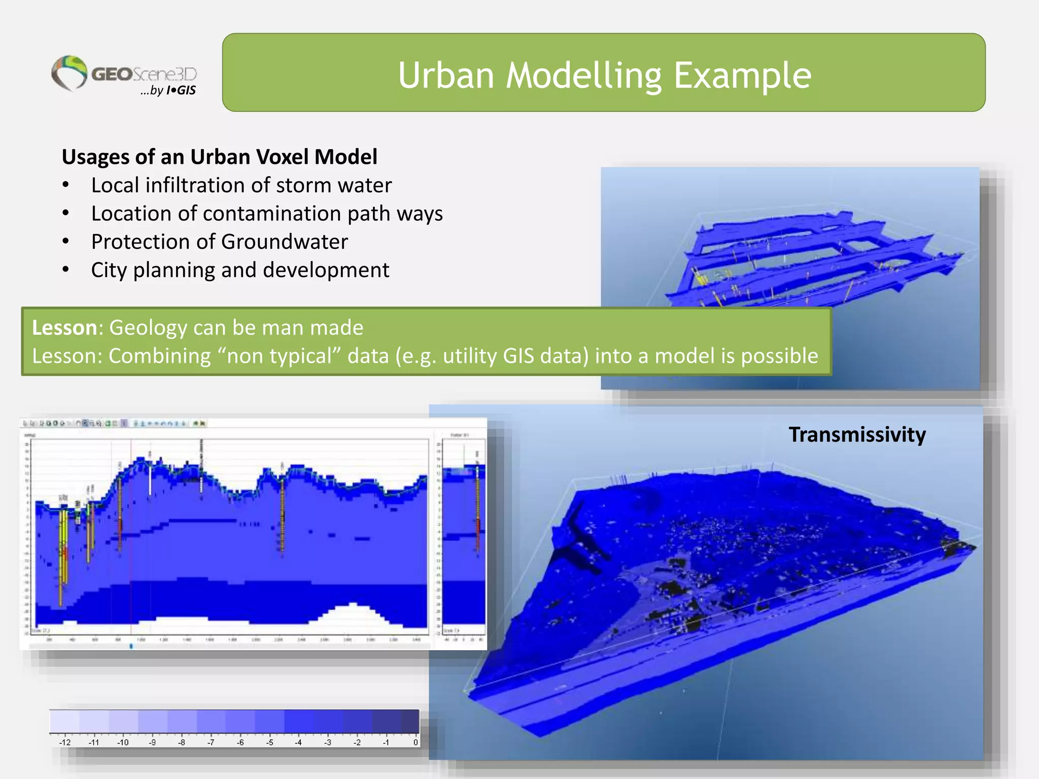…by I•GIS Urban Modelling Example
Usages of an Urban Voxel Model
• Local infiltration of storm water
• Location of contamination path ways
• Protection of Groundwater
• City planning and development
Transmissivity
Lesson: Geology can be man made
Lesson: Combining “non typical” data (e.g. utility GIS data) into a model is possible
 