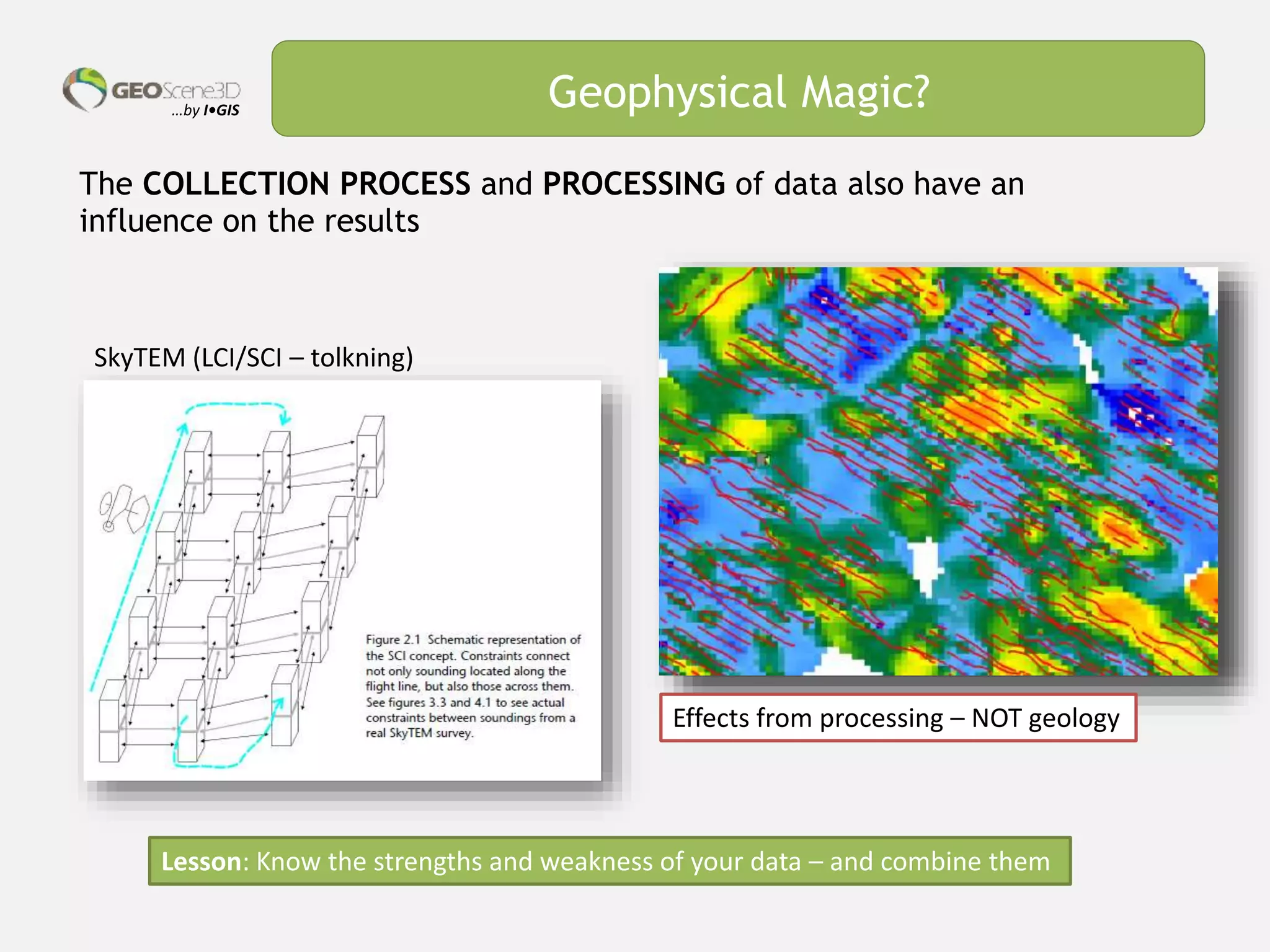 …by I•GIS Geophysical Magic?
The COLLECTION PROCESS and PROCESSING of data also have an
influence on the results
SkyTEM (LCI/SCI – tolkning)
Lesson: Know the strengths and weakness of your data – and combine them
Effects from processing – NOT geology
 