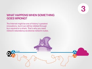 WHAT HAPPENS WHEN SOMETHING
GOES WRONG?
The Internet might be one of history’s greatest
innovations, but it can still be nibbled through
by a squirrel or a shark. That’s why you need
network redundancy via diverse network routes.
Aroute
Broute
 