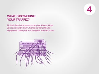WHAT’S POWERING
YOUR TRAFFIC?
Optical fiber is the same on any backbone. What
you can do with it isn’t. Some carriers still use
equipment dating back to the great Internet boom.
 