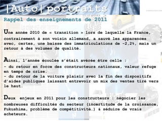 |Auto| portraits
Rappel des enseignements de 2011

Une    année 2010 de « transition » lors de laquelle la France,
contrairement à son voisin allemand, a sauvé les apparences
avec, certes, une baisse des immatriculations de -2,2%, mais un
retour à des volumes de qualité.


Ainsi,   l’année écoulée s’était avérée être celle :
- du retour en force des constructeurs nationaux, valeur refuge
en temps de crise.
- du retour de la voiture plaisir avec la fin des dispositifs
d’aides publiques laissant entrevoir un mix des ventes tiré vers
le haut.


Deux    enjeux en 2011 pour les constructeurs : négocier les
nombreuses difficultés du secteur (incertitude de la croissance,
Fukushima, problème de compétitivité…) & séduire de vrais
acheteurs.
 