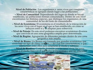  – Nivel de Población: Los organismos o seres vivos que comparten
características se agrupan dando lugar a las poblaciones.
 – Nivel de Comunidad: Dependiendo del lugar en dónde se hayan
establecido, las poblaciones forman comunidades. Dentro de este nivel
encontramos las distintas especies, que distingue los organismos de una
comunidad de los del resto de comunidades.
 – Nivel de Ecosistema: El ecosistema es el resultado de la interacción de
los seres vivos con el lugar en el que se han establecido, en cómo se
influyen entre sí y se adaptan para sobrevivir.
 – Nivel de Paisaje: En este nivel podemos encontrar ecosistemas diversos
que conviven en una zona geográfica amplia pero determinada.
 – Nivel de Región: Agrupación de diferentes paisajes dentro de una zona
geográfica más amplia.
 – Nivel de Bioma: Un Bioma está formado por grandes ecosistemas que
viven bajo un tipo de clima concreto, y del cual son característicos, y que
interactúan entre ellos para adaptarse al medio y subsistir.
 – Nivel de Biosfera: Conjunto formado por los seres vivos, los seres
inertes y el medio físico en el que todos se encuentran y por las relaciones
que se establecen entre ellos
 