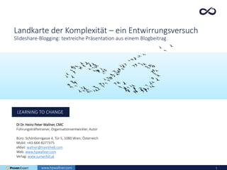 1
LEARNING TO CHANGE
DI Dr. Heinz Peter Wallner, CMC
Führungskräftetrainer, Organisationsentwickler, Autor
Büro: Schönborngasse 4, Tür 5, 1080 Wien, Österreich
Mobil: +43-664-8277375
eMail: wallner@trainthe8.com
Web: www.hpwallner.com
Verlag: www.sumerhill.at
www.hpwallner.com
Landkarte der Komplexität – ein Entwirrungsversuch
Slideshare-Blogging: textreiche Präsentation aus einem Blogbeitrag
 