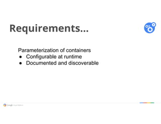 Requirements...
Parameterization of containers
● Configurable at runtime
● Documented and discoverable
 