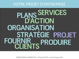 BUSINESS MODEL & BUSINESS PLAN - 23 Novembre 2015 – Laurent Sougey-Lardin
VOTRE PROJET D’ENTREPRISE
Un projet Une Entreprise
Une entreprise est une organisation ou une
unité institutionnelle, mue par un projet
décliné en stratégie ou en politiques et plans
d'action, dont le but est de produire et de
fournir des biens ou des services à destination
d'un ensemble de clients ou usagers.
Définition Wikipédia
 