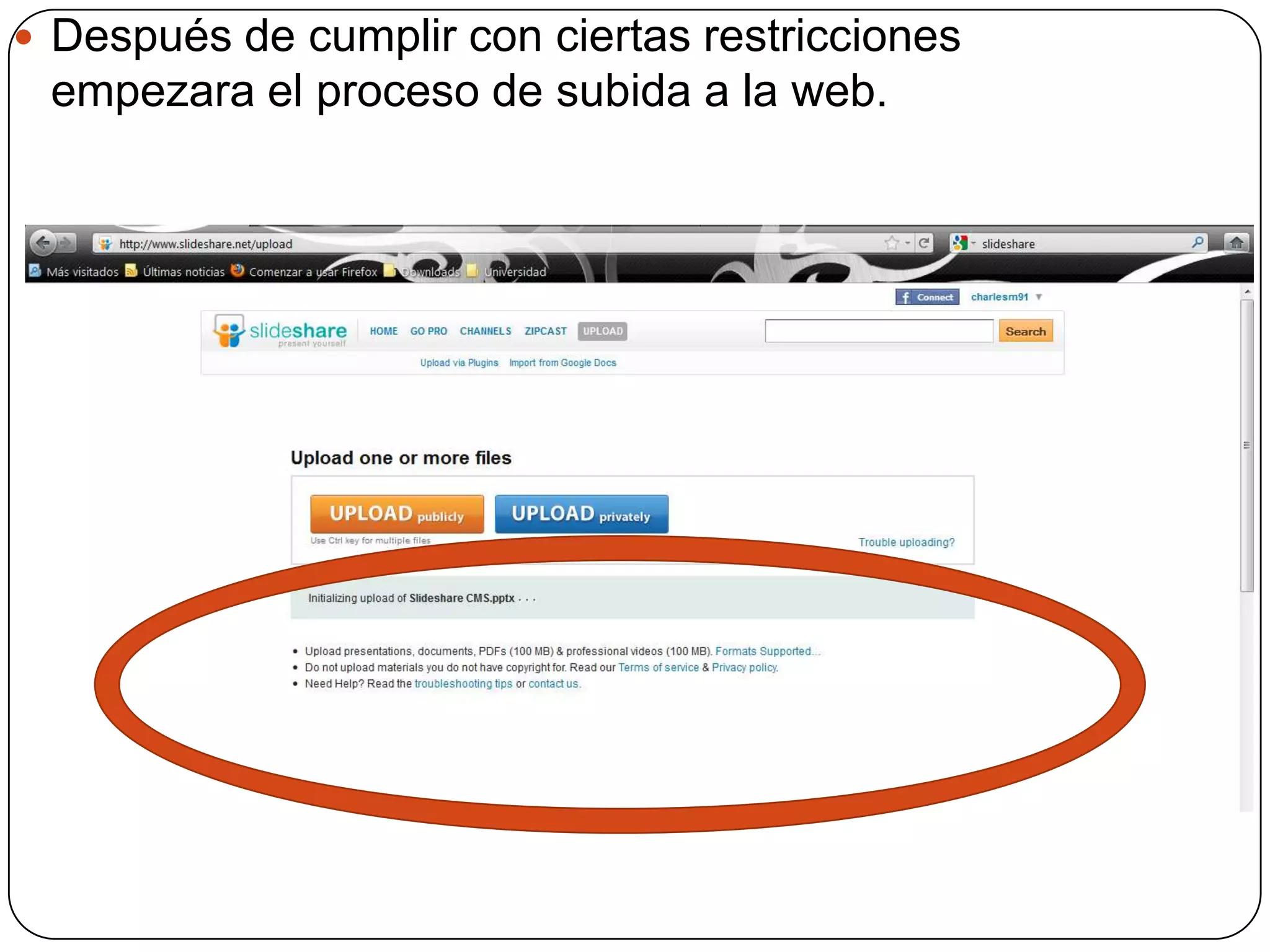 Después de cumplir con ciertas restricciones empezara el proceso de subida a la web.