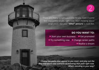 2
There are many options available to you, even if some
feel impossible to you right now. Start thinking about
what you’d like your “After” picture to look like.
Do you want to:
Start your own business Get promoted
Try something new Change career paths
Realise a dream
Choose the paths that appeal to you most, and play out the
best and worst case scenario of following that path right now.
What’s standing in your way?
 