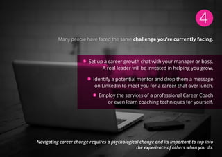4
Many people have faced the same challenge you’re currently facing.
Set up a career growth chat with your manager or boss.
A real leader will be invested in helping you grow.
Identify a potential mentor and drop them a message
on LinkedIn to meet you for a career chat over lunch.
Employ the services of a professional Career Coach
or even learn coaching techniques for yourself.
Navigating career change requires a psychological change and its important to tap into
the experience of others when you do.
 