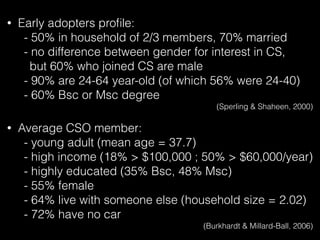 • Early adopters proﬁle:
- 50% in household of 2/3 members, 70% married
- no difference between gender for interest in CS,
but 60% who joined CS are male
- 90% are 24-64 year-old (of which 56% were 24-40)
- 60% Bsc or Msc degree
(Sperling & Shaheen, 2000)
• Average CSO member:
- young adult (mean age = 37.7)
- high income (18% > $100,000 ; 50% > $60,000/year)
- highly educated (35% Bsc, 48% Msc)
- 55% female
- 64% live with someone else (household size = 2.02)
- 72% have no car
(Burkhardt & Millard-Ball, 2006)
 